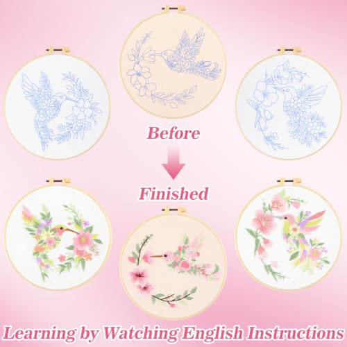 Mindsoft 3 Set Needlepoint Kit for Beginners with Hoop,Flower Hummingbird - style: Flower Hummingbird
