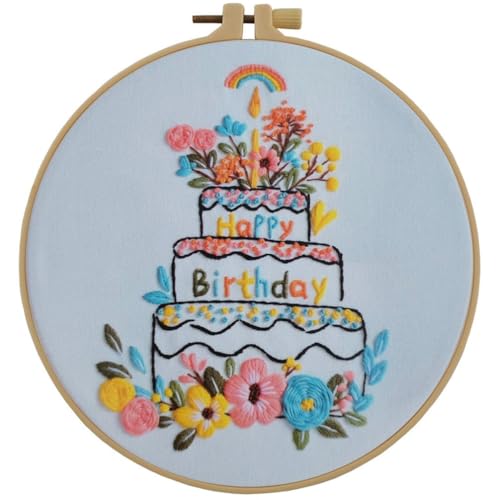 Esffaci Embroidery Starter Kit for Adult Beginner with Birthday Cake Candle Flower Pattern Hand Embroidery Set with Cloth Hoop Needle Threader Floss and Instruction - color: Birthday Cake