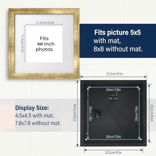 8x8 Photo Frame Gallery Picture frame with 5x5 mat,Freestanding and Wall Mountable,Gold - color: Gold, size: 8x8