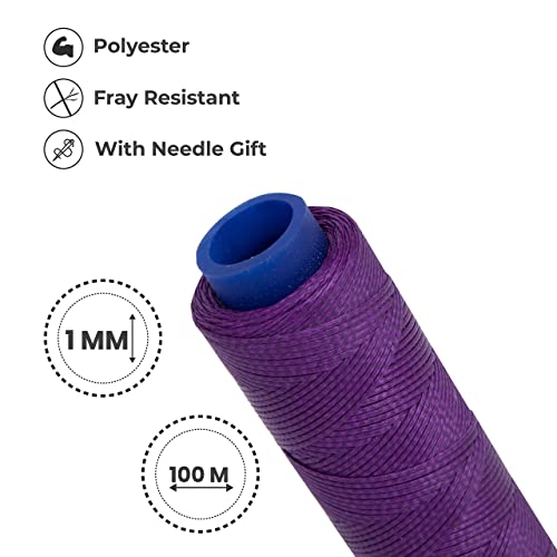 Waxed Thread, Strong Thread for Leather, Upholstery, Shoe, Bag, incl. Needle (Colour: Black) - color: Dark Purple
