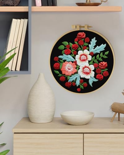 ERKOON Embroidery Kit for Beginners, Flower Cross Stitch Set for Include Embroidery Cloth Hoops Threads for Craft Lover Hand Stitch with Embroidery Skill Techniques (Dream Black Cloth) - color: Dream Black Cloth