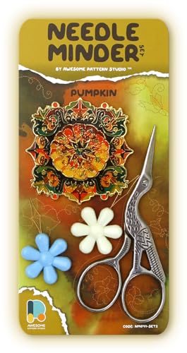 Awesome Pattern Studio Needle Minder Set - Pumpkin Magnetic Needle Minder + 2 Needle Threaders + Crane Scissors. Enamel Pin for Cross Stitch, Embroidery and Craft - size: Pumpkin Set #2