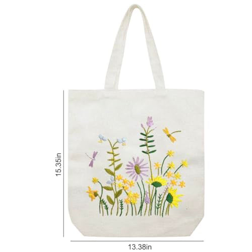 YANGSHINE Canvas Tote Bag Embroidery Kit with Pattern, Cross Stitch Kits for Beginners, Adults Arts Crafts Needlepoint Kit Include Embroidery Bag, Hoop and Instruction (Beige Bag, Daisy and Dragfly) - color: Beige Bag, Daisy and Dragfly