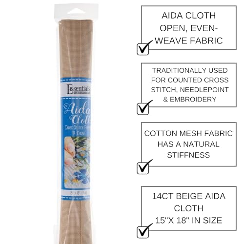 Essentials By Leisure Arts Aida Cloth, 14 Count, Beige, Cross Stitch Fabric, Embroidery Fabric, Cross Stitch Supplies for Crafting, Stitching, and Sewing Projects 15X18