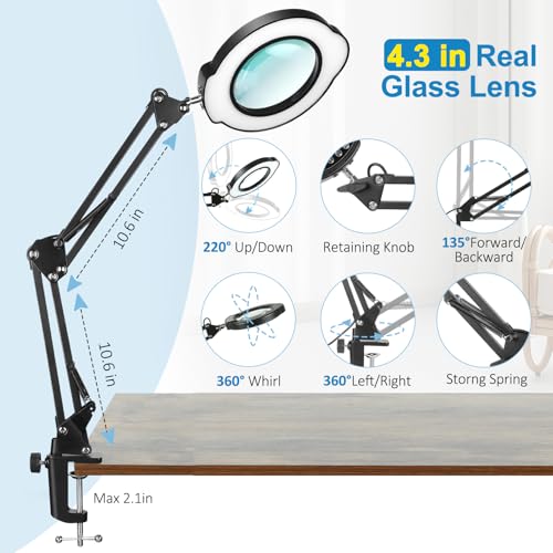 12X Magnifying Glass with Light and Stand, 5 Color Modes Stepless Dimmable - color: Black01