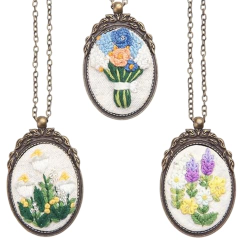 SUNNYCLUE DIY 3 Sets Embroidery Necklace Kits Embroidery Necklace Pendant with Paper Instructions Flower Pattern Cloth Thread Needle Hoops Mini Cross Stitch Kit for Beginner Starter Adult handmde Gift - style: Flower 4