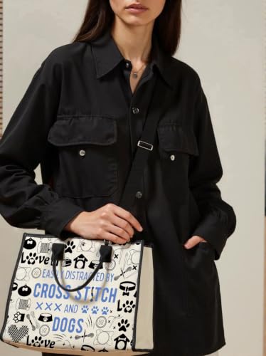 GJTIM Cross Stitching & Dogs Lover Gift Cross Stitching Project Bag Easily Distracted By Cross & Dogs Canvas Tote Bag