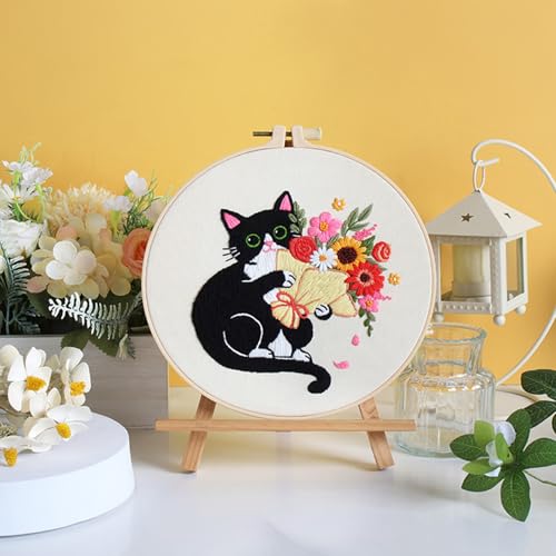Nuberlic Embroidery Kits for Beginners with Cat and Flower Pattern - color: Kit-8