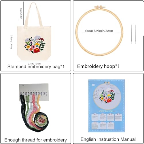 Huacan Embroidery Canvas Bag Kits for Adults Beginner Stamped Flowers Pattern DIY Cross Stitch Printed Flower Stitching Sewing Kit - color: Flower 7