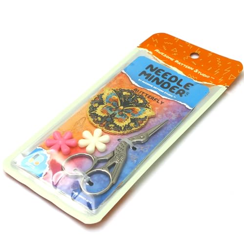 Awesome Pattern Studio Needle Minder Set – Butterfly Magnetic Needle Minder + 2 Needle Threaders + Crane Scissors. Enamel Pin for Cross Stitch, Embroidery and Craft - size: Butterfly Set #2