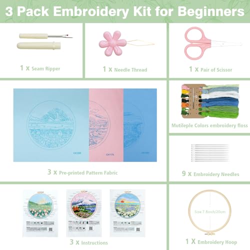 RidaaFri Embroidery Kit for Beginners, 3PC Floral Mount Sunshine Patterns