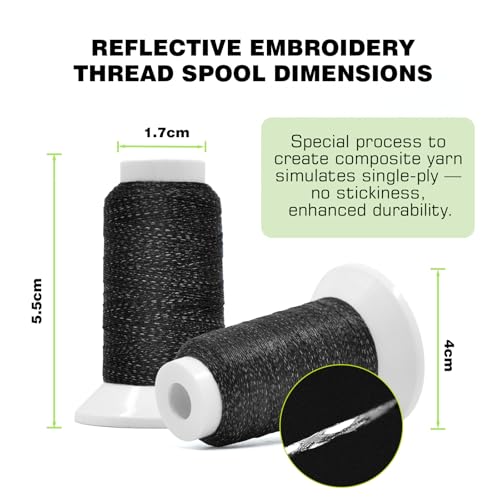 Reflective Embroidery Machine Thread for Sewing, 2 Pack Reflect High-Visibility Polyester Sewing Thread Supplies 200M(218Yds) Each Spool Perfect for Hand Embroidery DIY Crafts (Black) - color: Black