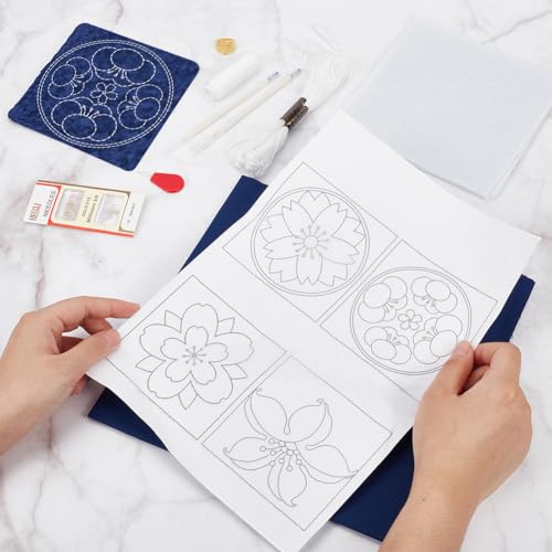 4 PCS Sashiko Coaster Kit Water-Soluble Template Handmade Coaster Japanese Embroidery Practice Project Coasters Kit for Beginners Traditional Japanese Sashiko DIY Kit with Instructions - style: Large Cherry Blossom Sashiko Coaster