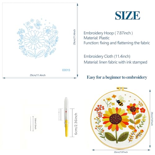 Zhenqing Bees & Flowers Embroidery Kit 11.4x11.4cm - 4-Piece Complete Cross Stitch Set with Pre-Printed Fabric, Threads, Hoop, Needles & Instructions | DIY Craft for Adults, Beginners-Friendly (C0046) - color: C0046