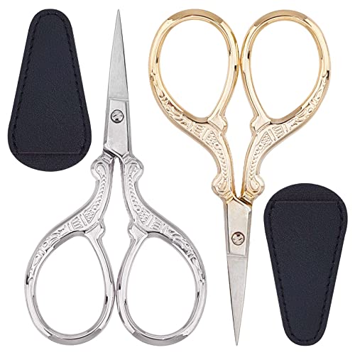 SUNNYCLUE 2Pcs 2 Colors Embroidery Sewing Scissors Detail Shears Vintage Sharp Tip Scissor Stainless Steel Scissors for Cutting Fabric Knitting Threading Needlework Artwork Craft DIY Tool Kit Supply - color: Golden & Silver-2pcs-sewing Scissors With Cover