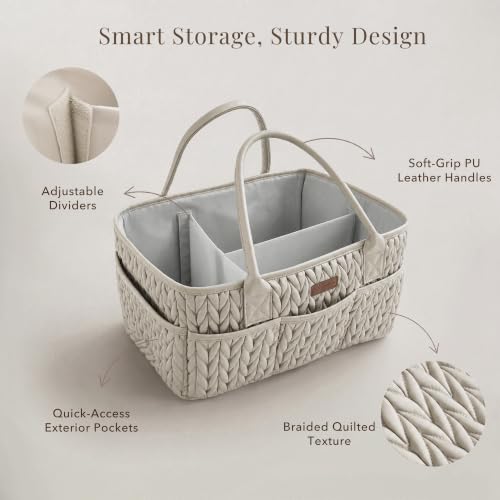 Konssy Baby Diaper Caddy Organizer, Braided Quilted Design with PU Handles - color: Snow Gray