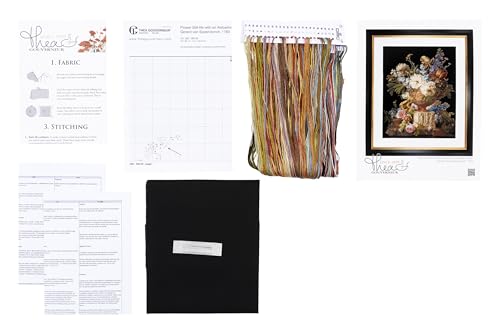 Thea Gouverneur - Counted Cross Stitch Kit - Flower Still-Life with an Alabaster Vase - Aida Black - 18 Count - for Adults - DMC Embroidery Threads and Other Cross Stitch Supplies Included - 580.05 - color: 580.05 Aida Black