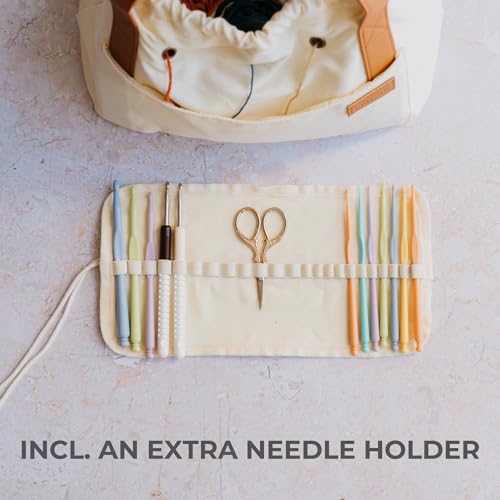Stylish Crochet Bag Organizer for Yarn - Durable Canvas with 8 Pockets - color: Beige