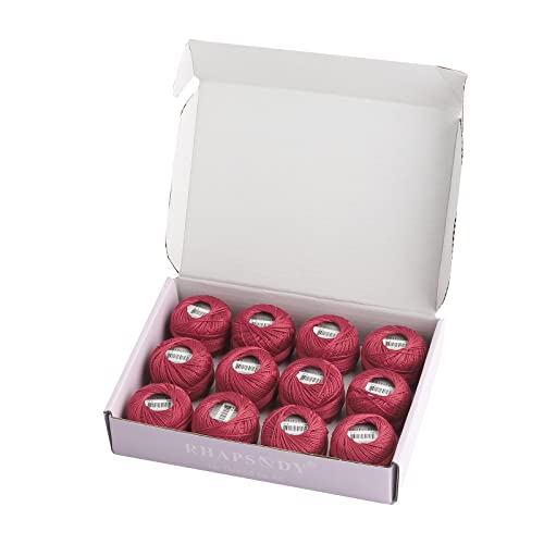Rhapsody Pearl Cotton Thread Size 8 Crochet Thread Perle 12 Balls Set Hand Knitting, Embroidery, Sashiko, Cross-Stitch, Sewing, Needlepoint, DIY, Quilting (Garnet, Col. 120) - color: Garnet, Col. 120
