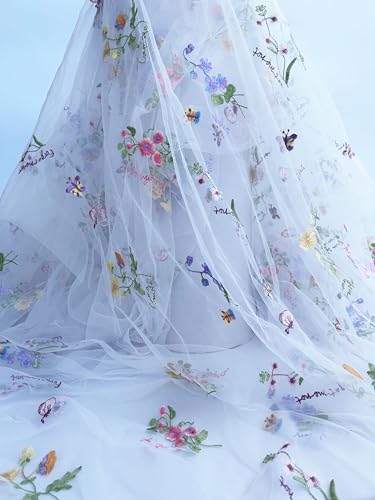 Elegant White Lace Fabric Tulle Fabric by Yard Colorful Floral Embroidery, 35x51in - Soft Tulle for DIY Dresses & Wedding Gowns, Hand Wash Only (White, 10 Yards (350 x 51 in)) - color: White, size: 10 yards (350 x 51 in)