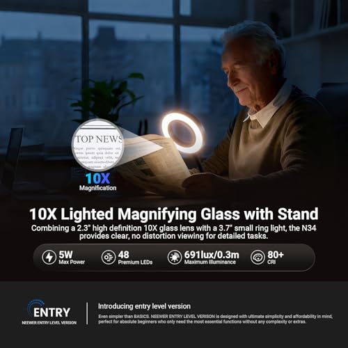 NEEWER Entry Level Version 10X Magnifying Glass with Light/Clamp Stand, 3.7" Bi Color Dimmable Magnifier Lamp Clip on Small LED Ring Light, 3 CRI80+ for Desk Crafting Reading Close up Work, N34 - style: N34