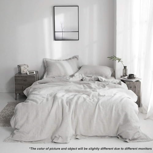 Simple&Opulence 100% Linen Duvet Cover Set with Embroidery Border Washed - 3 Pieces (1 Duvet Cover with 2 Pillow Shams) with Button Closure Soft Breathable Farmhouse - Light Grey, Full Size - color: Light Grey, size: Full