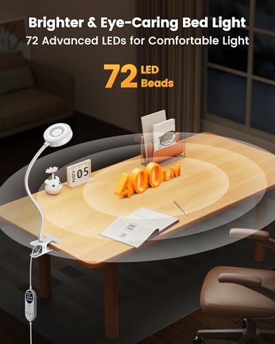 Glocusent 72 LED Clip on Lamp, Dorm Desk Lamp with 1700K Amber Night Light - color: White