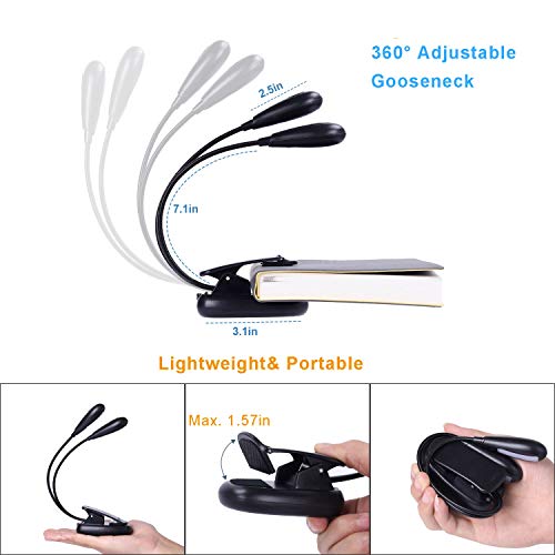 Rechargeable Music Stand Light, Clip on Reading Light, 8 LED Book Lamp, 3-Level Brightness for Eye Protection, Perfect for Piano, Orchestra, Bookworms, Craft (White & Warm, Dual Arm)