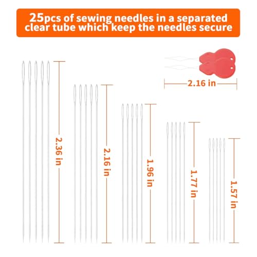 Large Eye Hand Sewing Needles (Sharps/Universal) 25-Pack - Assorted Sizes for Embroidery, Quilting, Cross Stitch with Portable Storage Box