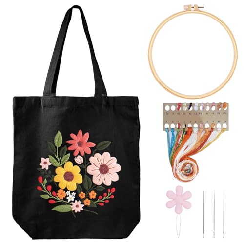 Louise Maelys Halloween Embroidery Kit Canvas Tote Bag with Flower Pattern - color: flower 1