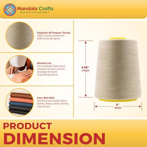 Mandala Crafts 40S/2 Cream Polyester 4 Pack of Serger Threads Cones - color: Cream, size: Pack of 4 40S/2 24000 YDs