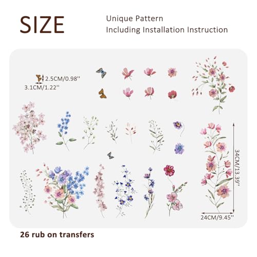 Vintage Floral Rub on Transfer for Furniture Large Flower UV DTF Transfer Sticker for Wood Glass Home Decor, Summer Wild Flowers Butterfly - style: Summer Wild Flowers Butterfly