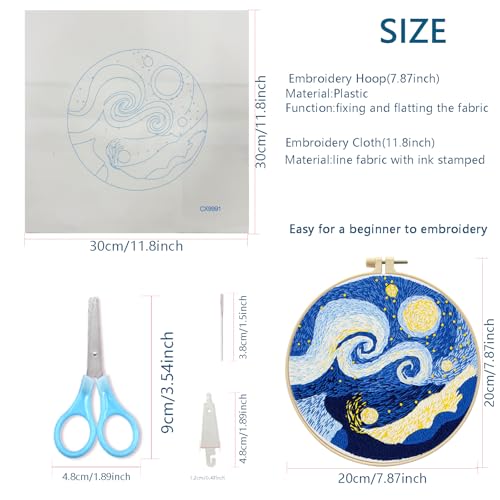 Zhenqing Galaxy Embroidery Kit for Beginners, Starry Night Space Needlework Kit with Pre-Printed Fabric, Hoop, Threads & Tools, Celestial Wall Decor (S-CX9991) - color: Starry Night Space