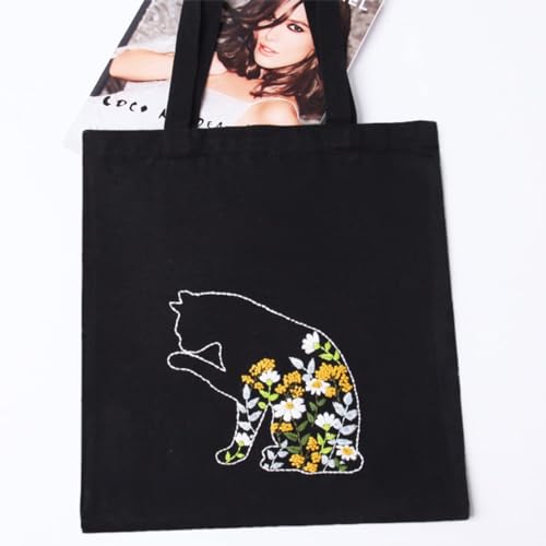 Smart-Feather Cat Embroidery Kit for Beginners Adults, Hand Embroidery Tote Bag Kit with Hoop and Patterns