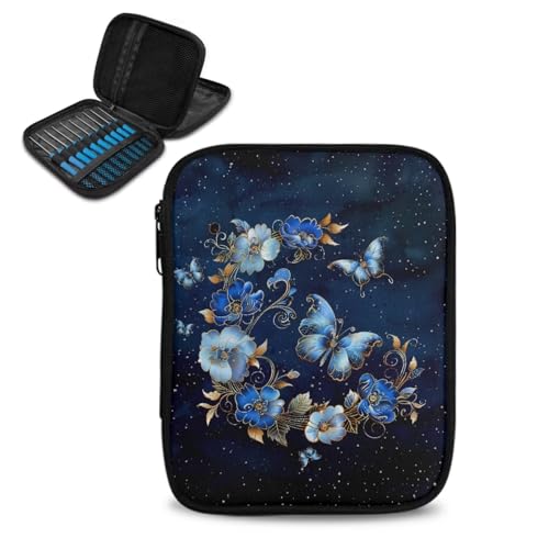 Kathyboom Butterfly and Flower Empty Crochet Hook Case Crochet Hook Organizer with Slots Crochet Needles Bag for Crochet Lovers, Crochet Kit for Beginners-Blue - color: Butterfly And Flower Blue
