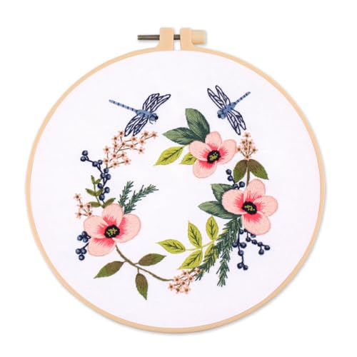 Meecaa Dragonfly Flower Insect Embroidery Kit Starter Set, Hand Embroidery Set,Pattern Printed Cross Stitch Set for Beginner Adults, with Embroidery Hoop and Instructions (Dragonfly) - color: Dragonfly