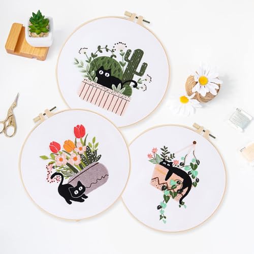 LB Cat Embroidery Kit for Beginners Adults, 3 Sets Hand Embroidery Starter Kit with Cactus Floral Pattern and Instructions Stamped Cross Stitch Kits Include Embroidery Hoop Needles Threads Scissors - color: Black