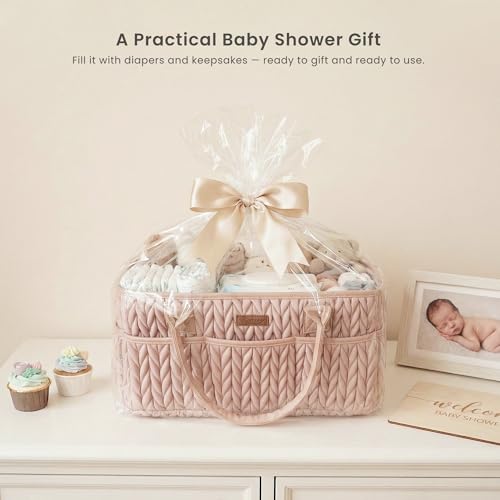 Konssy Baby Diaper Caddy Organizer, Braided Quilted Design with PU Handles - color: Blush