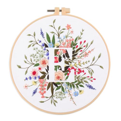 IUHUI Embroidery Kit for Beginners Adults - 26 Floral Letters Easy Patterns, DIY Hand Stitching Embroidery Set with Hoop (Flower and Grass Letter E) - color: Flower and Grass Letter E