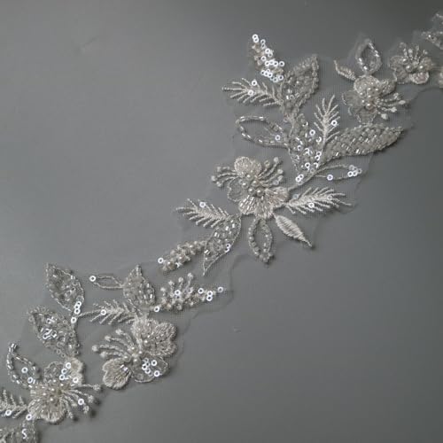 2yard lace Trim Ivory Sequins Beaded Flower Embroidery Appliques - color: SPXB-P3403A-2yR18