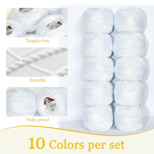 Double Mercerized Egyptian Long Staple Cotton Pearl Thread Ball 10 Grams Rainbow Color Embroidery Thread 10 Balls per Box for Crochet Hardanger Cross Stitch Hand Embroidery,White - color: white
