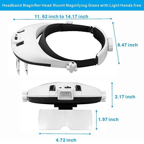 Large Lens Head Magnifier Headband Magnifying Glass with Light Hands free 8 LED Magnifier with White and Yellow Light for Close Work, Crafts, Hobby, Reading, Repairing, Sewing, Jewelry