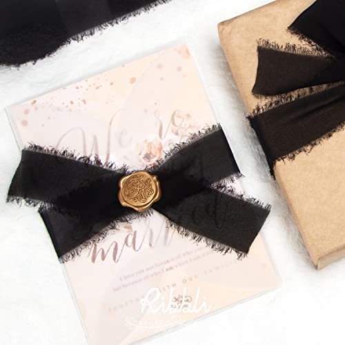 Ribbli Black Chiffon Ribbon - 1.5 inch x 30 Yard Handmade Silk, Fringe Chiffon for Wedding Invitations, Gift Wrapping, Bridal Bouquets, Flower Arrangement - color: Black
