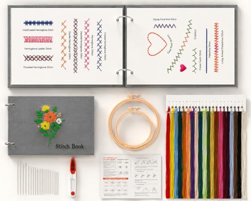Homoyoyo Embroidery Stitch Book Kit for Adult Beginners, Learn 38 Stitches with 13 Large Loose Leaf Fabric Practice Pages, 2 Hoops, 24 Color Threads, Needles, Scissors and Instruction Manual