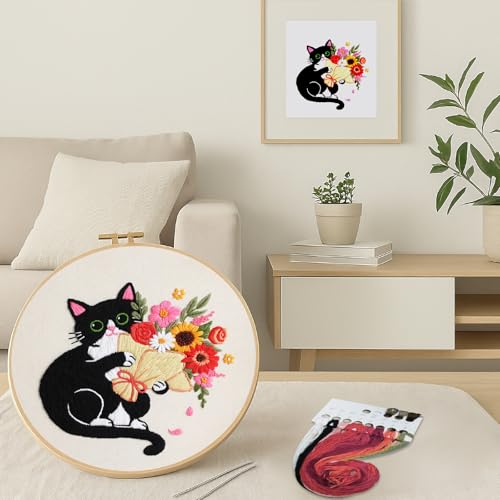 Nuberlic Embroidery Kits for Beginners with Cat and Flower Pattern - color: Kit-8