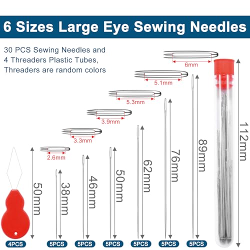 30pcs 6 Sizes Large Eye Embroidery Needles for Hand Sewing Crafts, Embroidery Needle Threader Cross Stitch for Crafts Leather Darning Tapestry Quilting Needlepoint Hand Sewing Supplies Accessories - color: 6 Sizes (1-1/2",1-3/4",2",2-3/8",3",3-5/8")x 5pcs