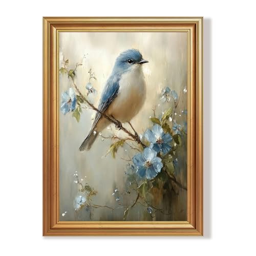 Wojuin Framed Vintage Blue Bird Floral on Branch Canvas Wall Art 16x24 inch - color: Bird, size: 24"L x 16"W