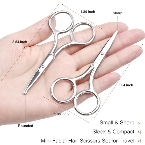 2Pcs Facial Hair Small Grooming Scissors For Men & Women - Eyebrow, Nose Hair, Mustache, Beard, Eyelashes, Ear Hair Trimming Kit, Pointed Scissors and Round Scissors, Travel Friendly Mini Scissors Set - color: Pointed & Round