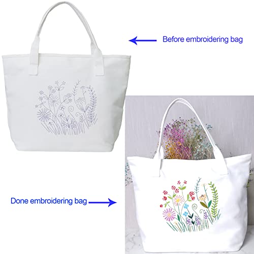 Embroidery Kit Canvas Tote Bag with Patterns for Beginners, Personalized Canvas Bag Kits, Bamboo Embroidery Hoop, English Instruction for DIY Crafts with Tools - color: Multi 1