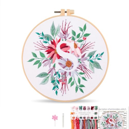 Harimau Letter Pattern S Embroidery Kit for Adult Beginners, Complete Starter Pack with 1 Hoop, Needles, Instruction Guide & Embroidery Stitch Video Tutorials - color: S